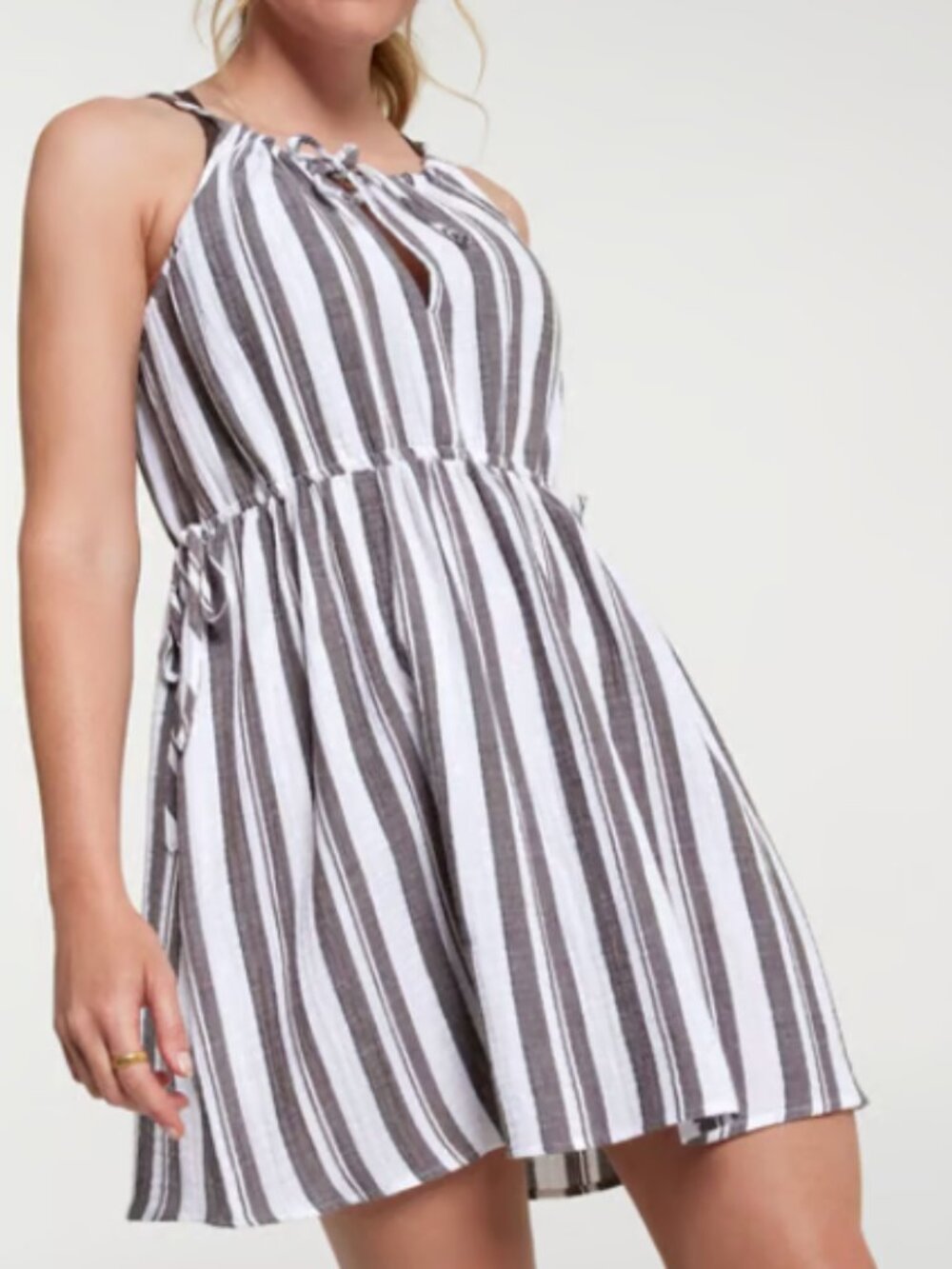 CALIA Cotton Halter Neck Mini Stripe Cover Up Dress in Grey/ White, Size S NWOT